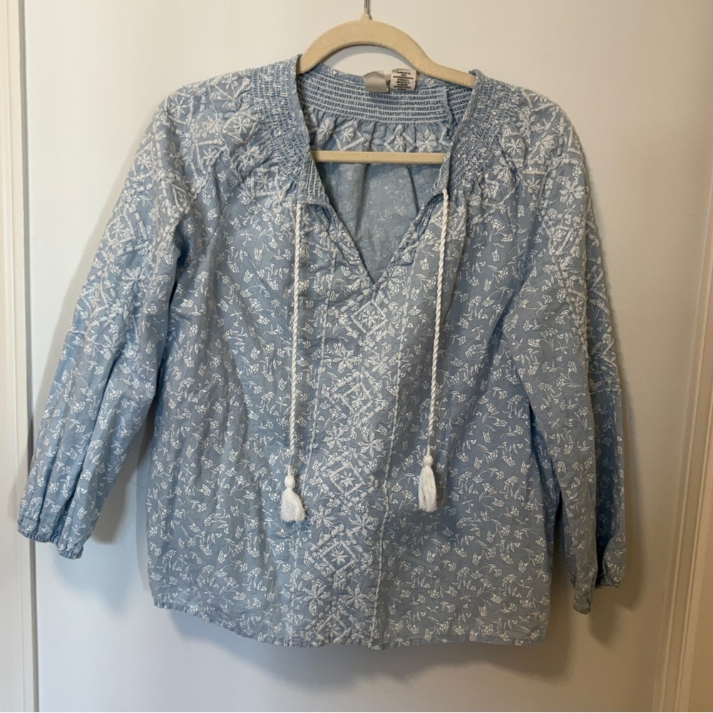 Joie Blue Floral Embroidered Tassle Boho Peasant Cotton-Linen Blend Blouse